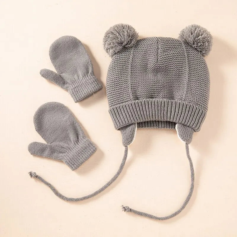 2Pcs Baby Knit Gloves Hat Set Solid Color Autumn Winter Ear Protection Infant Toddler Beanie Cap for Girls Boys Cute Outdoor War