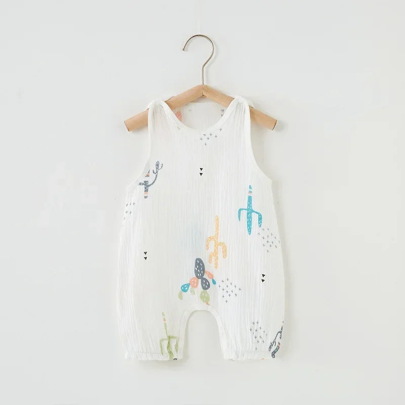 2024 Summer Baby Girls Romper Cartoon Bear Newborn Jumpsuits Infant Sleeveless Muslin Clothing for Boys Printed Outfits