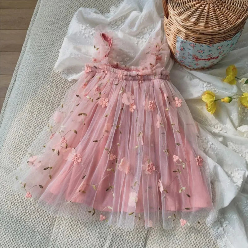 Baby Girl Princess 3D Flower Embroidery Strap Dress Sleeveless Infant Toddler Child Vestido Party Birthday Baby Clothes 1-7Y