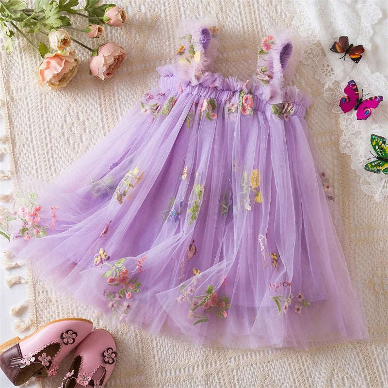 6M-5Y Summer Toddler Kid Baby Girls Tulle Dress Sweet Embroidery Flower Princess Dress for Girls Party Beach Holiday Clothing