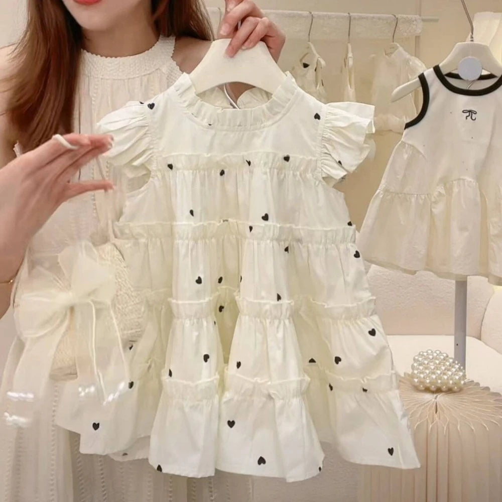 Summer Girls Sweet Cute Heart Print Sleeveless Layered Princess Dress 1 Pc 2-7 Years Kids Fashion Simple Casual Clothes
