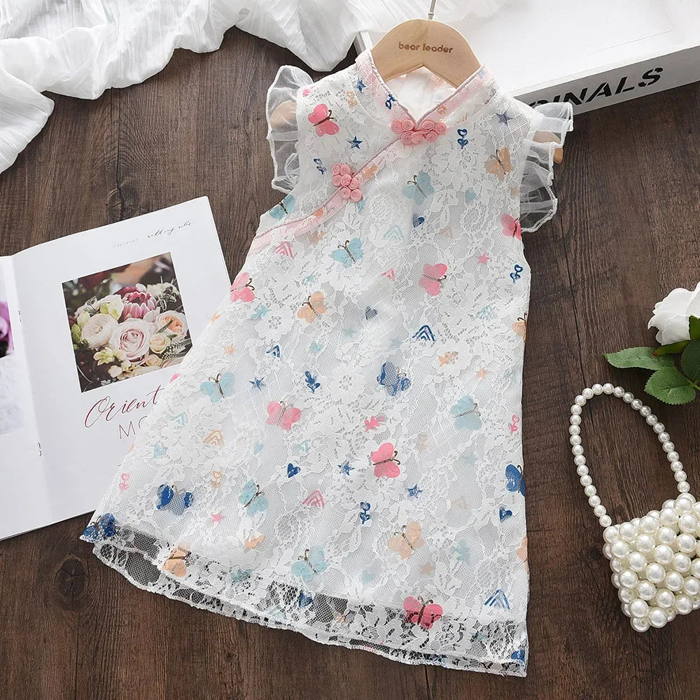 Girls Party Fashion Sleeveless Cute Butterfly Print Lace Princess Dress 1 Pc 2-7 Years Kids Summer Daily Casual Clothes