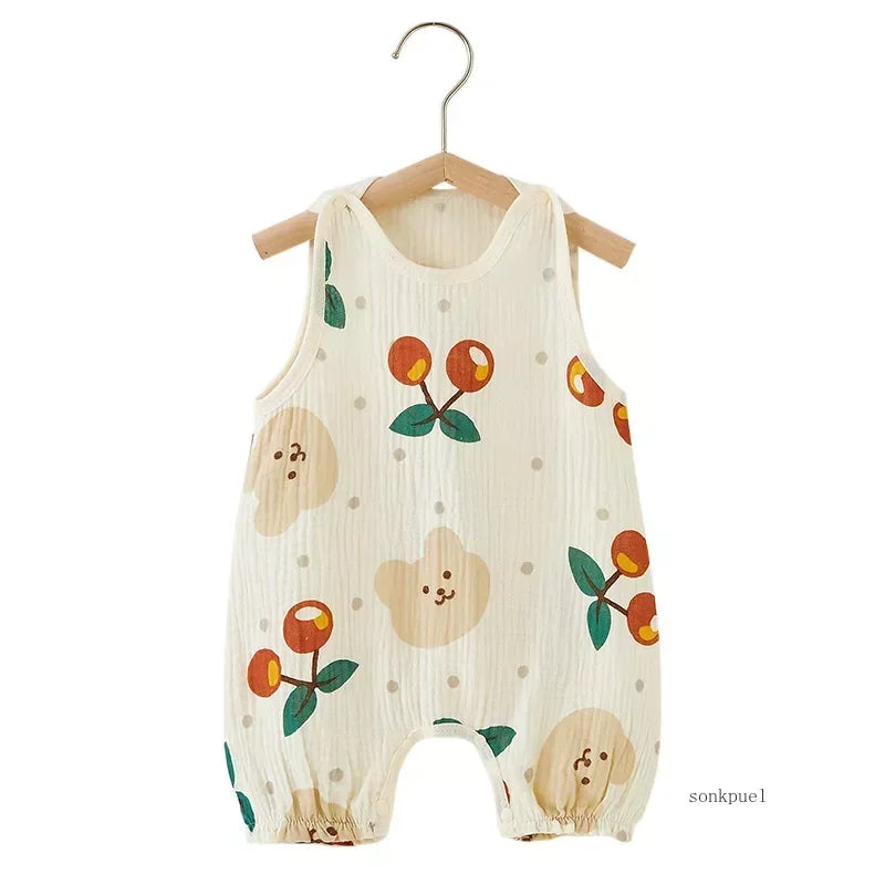 2024 Summer Baby Girls Romper Cartoon Bear Newborn Jumpsuits Infant Sleeveless Muslin Clothing for Boys Printed Outfits