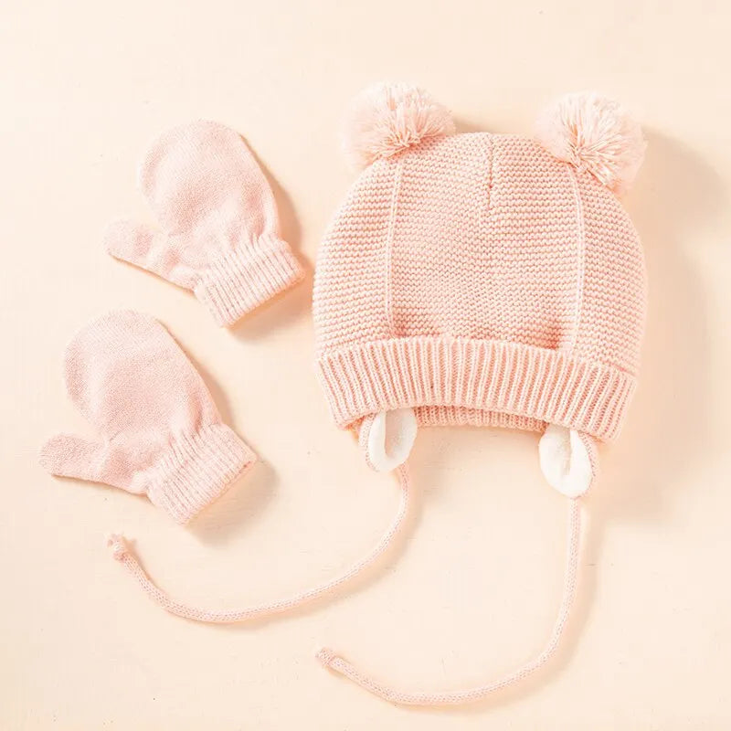 2Pcs Baby Knit Gloves Hat Set Solid Color Autumn Winter Ear Protection Infant Toddler Beanie Cap for Girls Boys Cute Outdoor War