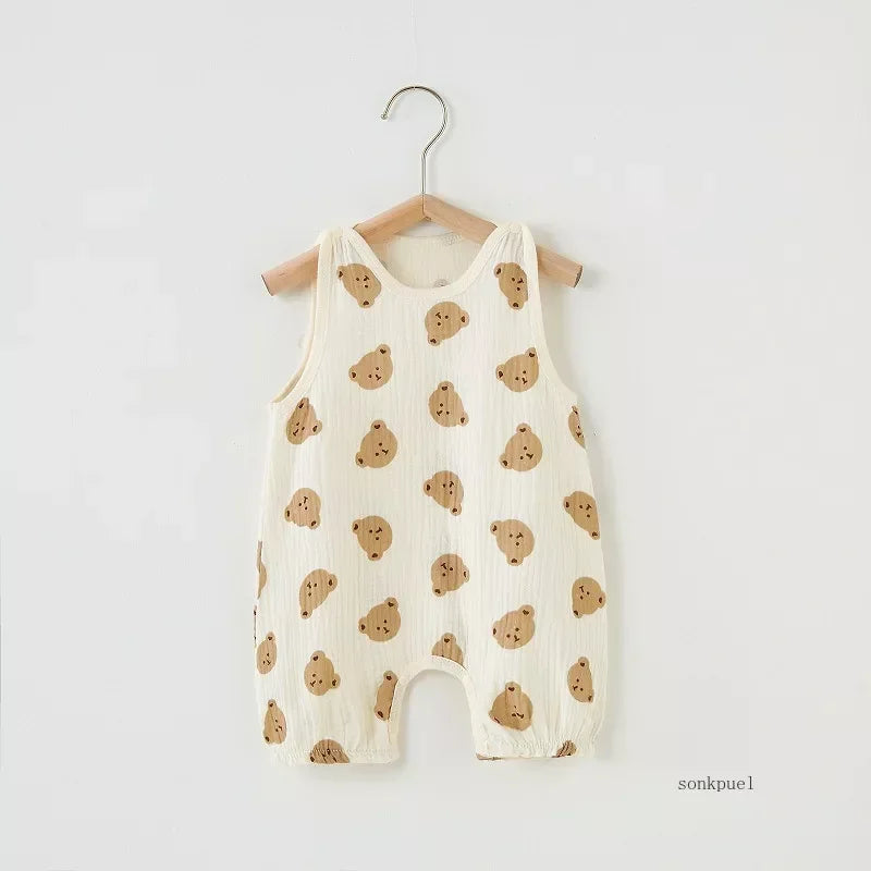 2024 Summer Baby Girls Romper Cartoon Bear Newborn Jumpsuits Infant Sleeveless Muslin Clothing for Boys Printed Outfits