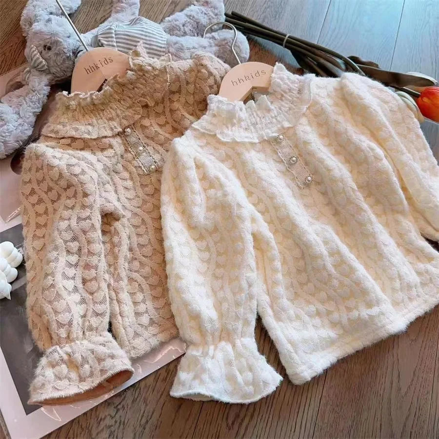 2023 Children Autumn/Winter New Girls' Plush Bottom Shirt Korean Edition Baby ClothingLong Sleeve T-shirt Girls' Warm Top