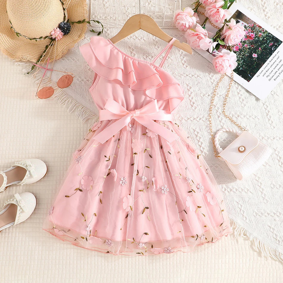 Summer Fashion Girls Party Dresses Baby Kids England Style Lotus Leaf Sloping Shoulder Suspender A-line Skirt Children Clothes