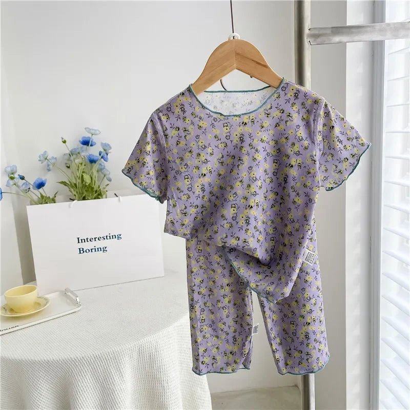 Summer Cute Girls Loungewear Baby Girl Floral Top Children's Short-sleeved Tops Pants Pajamas Two-piece Set Clothes