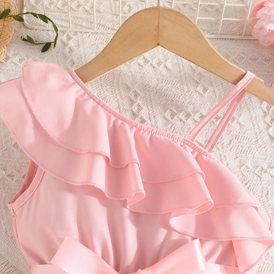 Summer Fashion Girls Party Dresses Baby Kids England Style Lotus Leaf Sloping Shoulder Suspender A-line Skirt Children Clothes