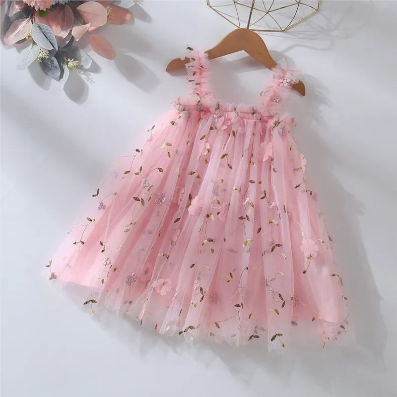 Baby Girl Princess 3D Flower Embroidery Strap Dress Sleeveless Infant Toddler Child Vestido Party Birthday Baby Clothes 1-7Y