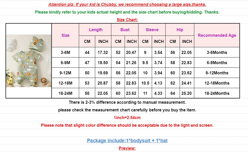 0-2 Years Newborn Baby Boy Bodysuit with Hat Cartoon Animal Print Short Sleeve Romper Summer Cute Toddler Boy Jumpsuit Clothing