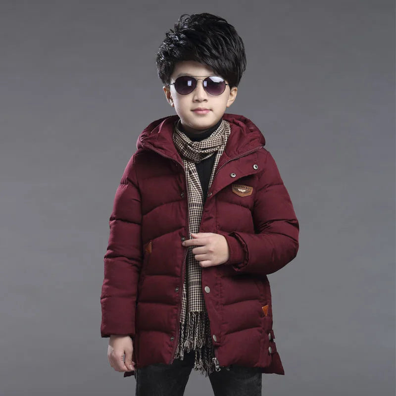 2025 New Winter Keep Warm Teenage Boys Jacket 5-14 Years Long Slim Fit Fashion Hooded Coat For Kids Children Outdoor Windbreaker