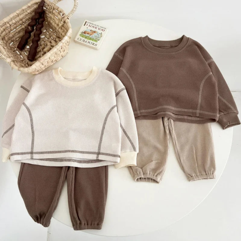 Baby Girls Clothes Autumn Cotton Patchwork Clothing Sets Mock 2PCS Waffle Cotton Kids Boys Korean Tracksuit Tops+Pants Sets