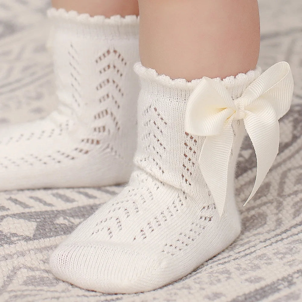 Baby Girls Socks With Big Bows Breathable Children Girl Short Socks Hollow Toddlers Kids Cotton Princess Cute Socks For 0-5Years