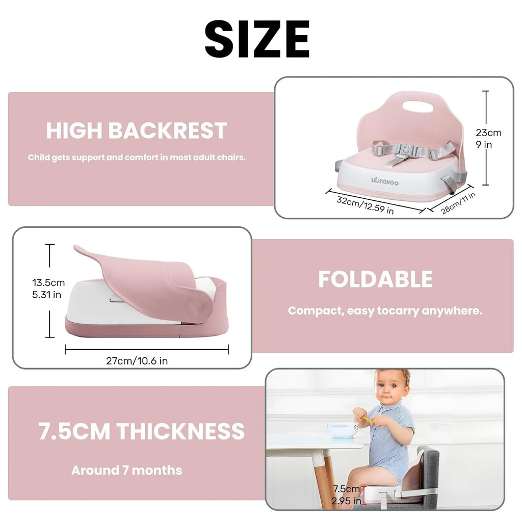 Portable booster seat for children to eat, travel high chair with 3-point harness and 2 adjustable straps, washable