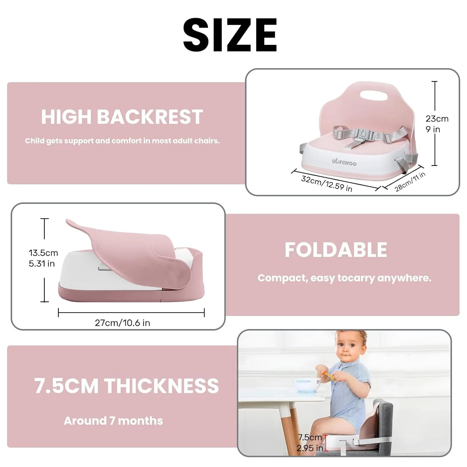 Portable booster seat for children to eat, travel high chair with 3-point harness and 2 adjustable straps, washable