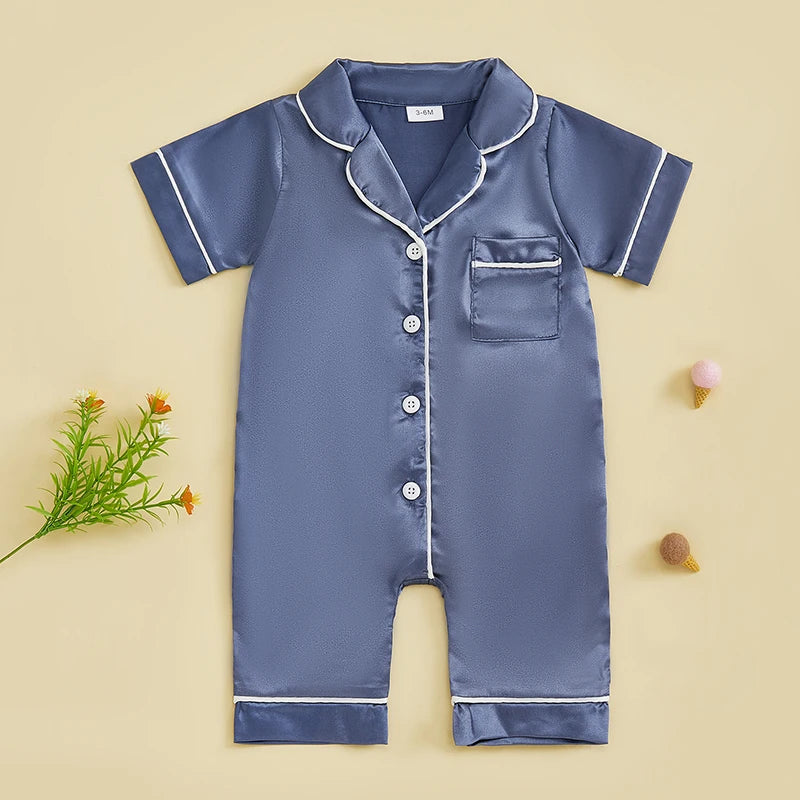 Baby Girls Boys Satin Pajamas Rompers Solid Color Turn Down Collar Short Sleeve Summer Bodysuits Jumpsuits Sleepwear