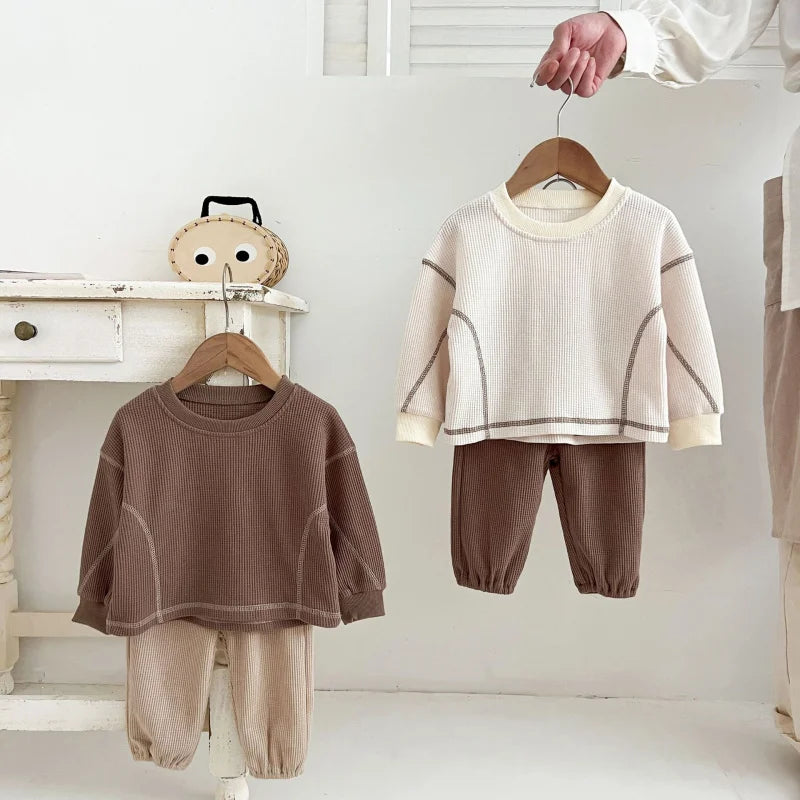 Baby Girls Clothes Autumn Cotton Patchwork Clothing Sets Mock 2PCS Waffle Cotton Kids Boys Korean Tracksuit Tops+Pants Sets