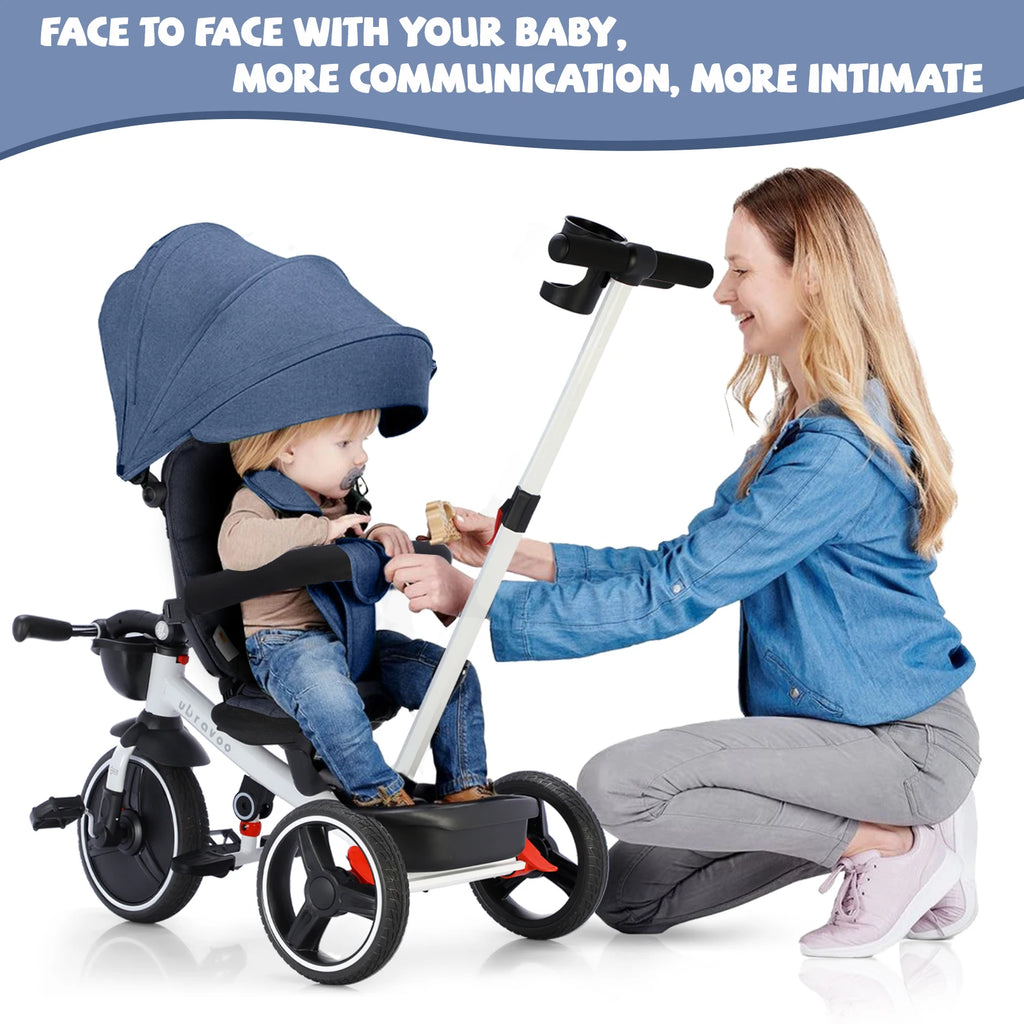 6-in-1 Baby Tricycle, Folding Kids Trike with Adjustable Parent Handle, Safety Harness, Wheel Brakes, and Removable Canopy