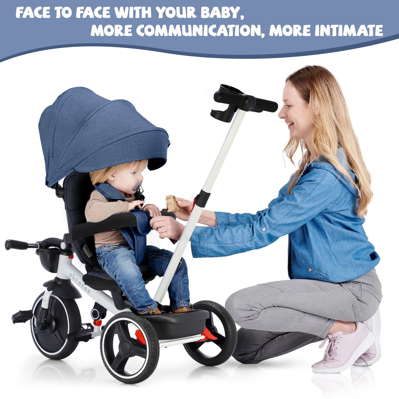 6-in-1 Baby Tricycle, Folding Kids Trike with Adjustable Parent Handle, Safety Harness, Wheel Brakes, and Removable Canopy