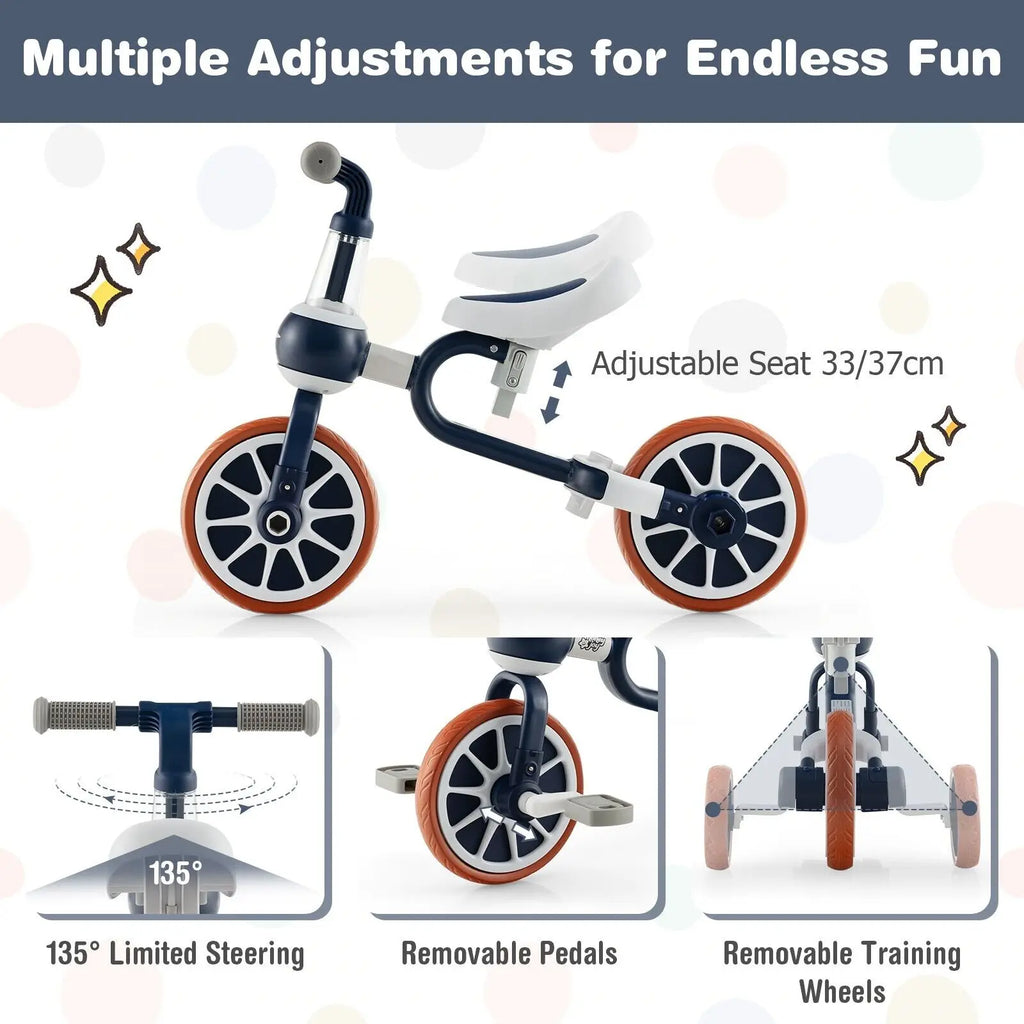 DORTALA 4 in 1 Kids Tricycle Toddler Balance Bike Adjustable Parent Push Handle 4 wheels Blue