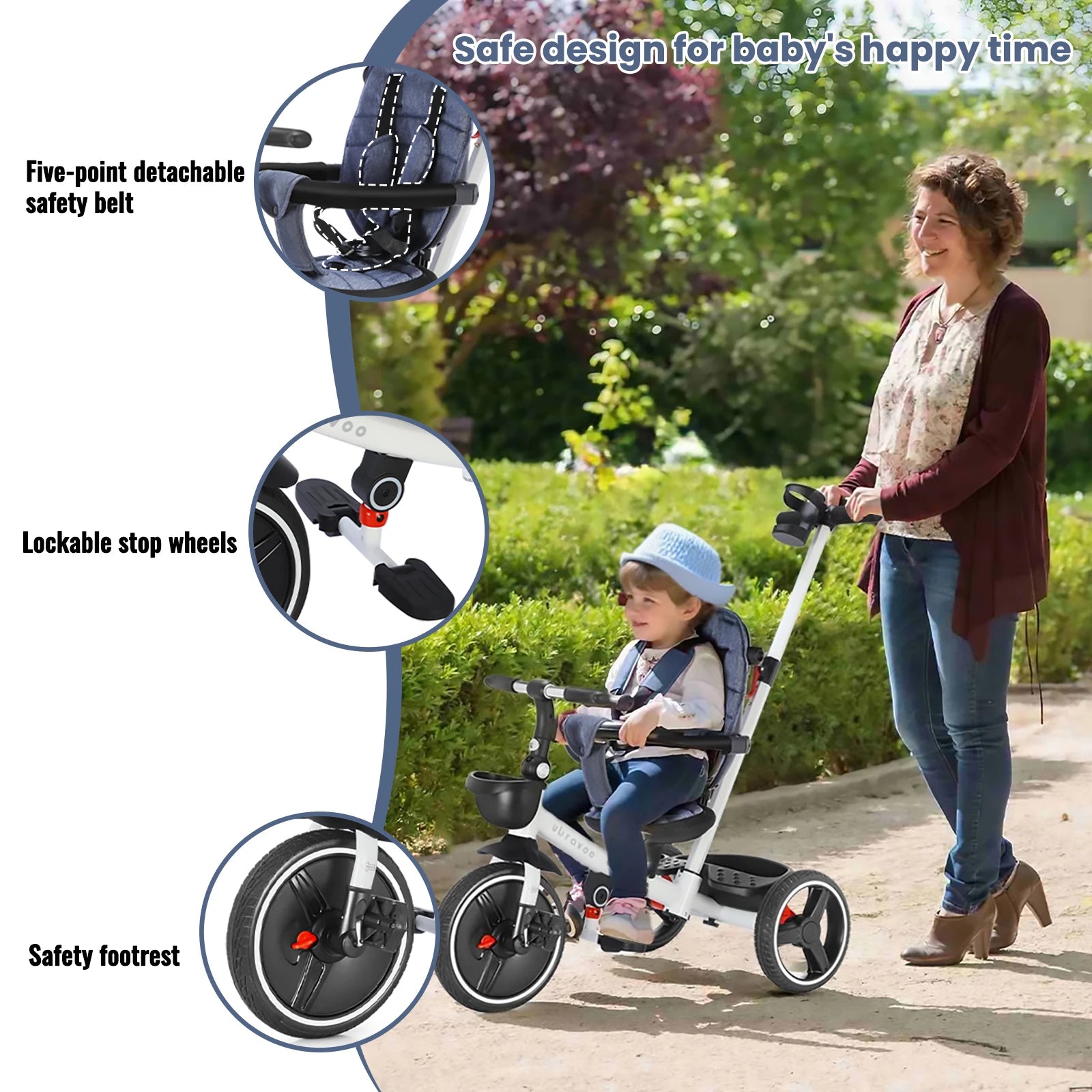6-in-1 Baby Tricycle, Folding Kids Trike with Adjustable Parent Handle, Safety Harness, Wheel Brakes, and Removable Canopy