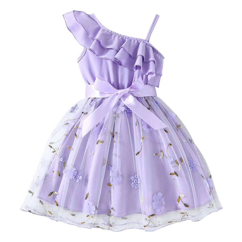 Summer Fashion Girls Party Dresses Baby Kids England Style Lotus Leaf Sloping Shoulder Suspender A-line Skirt Children Clothes