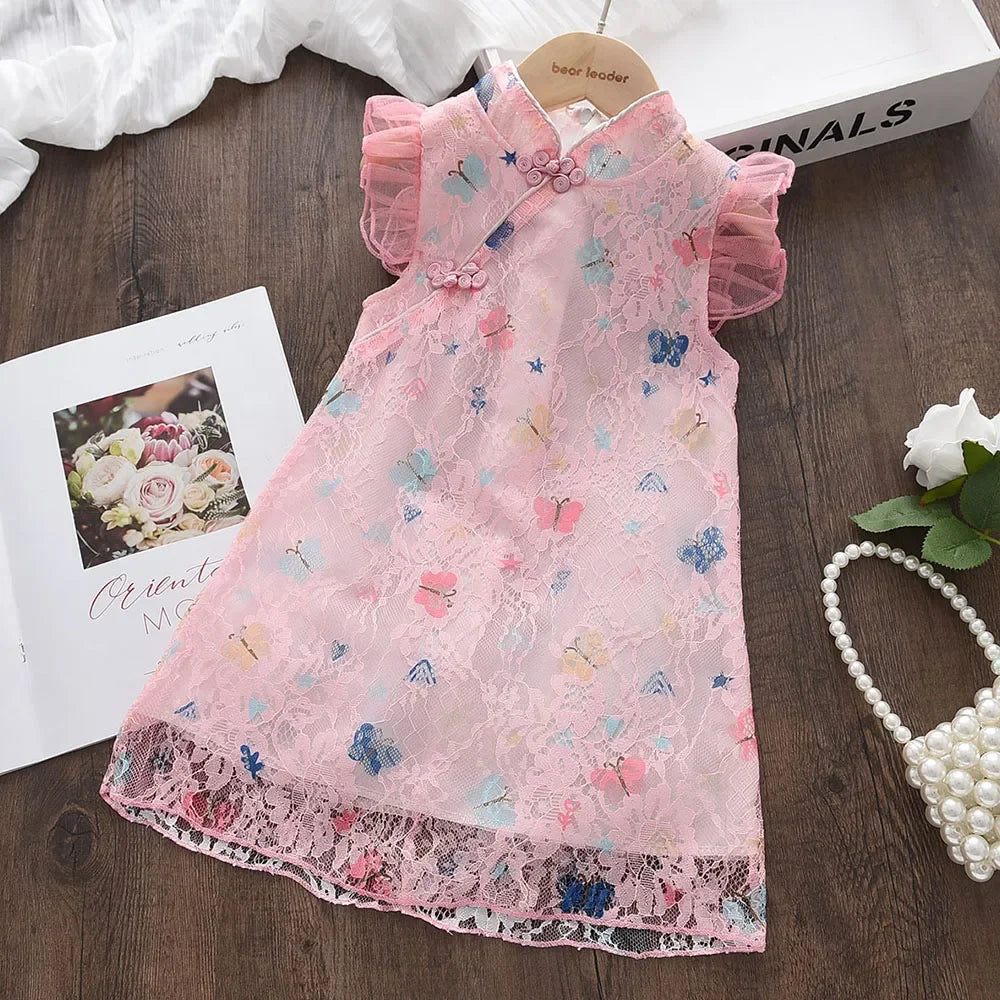 Girls Party Fashion Sleeveless Cute Butterfly Print Lace Princess Dress 1 Pc 2-7 Years Kids Summer Daily Casual Clothes