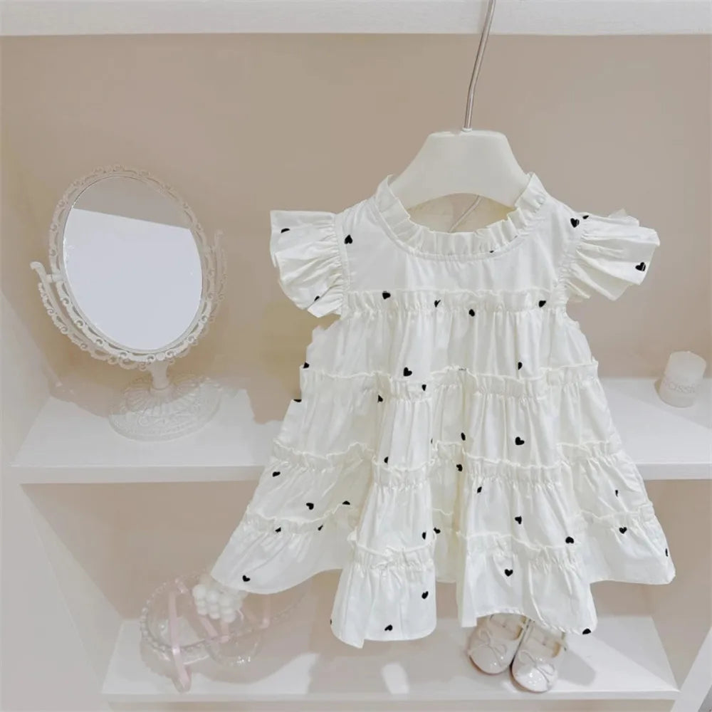 Summer Girls Sweet Cute Heart Print Sleeveless Layered Princess Dress 1 Pc 2-7 Years Kids Fashion Simple Casual Clothes