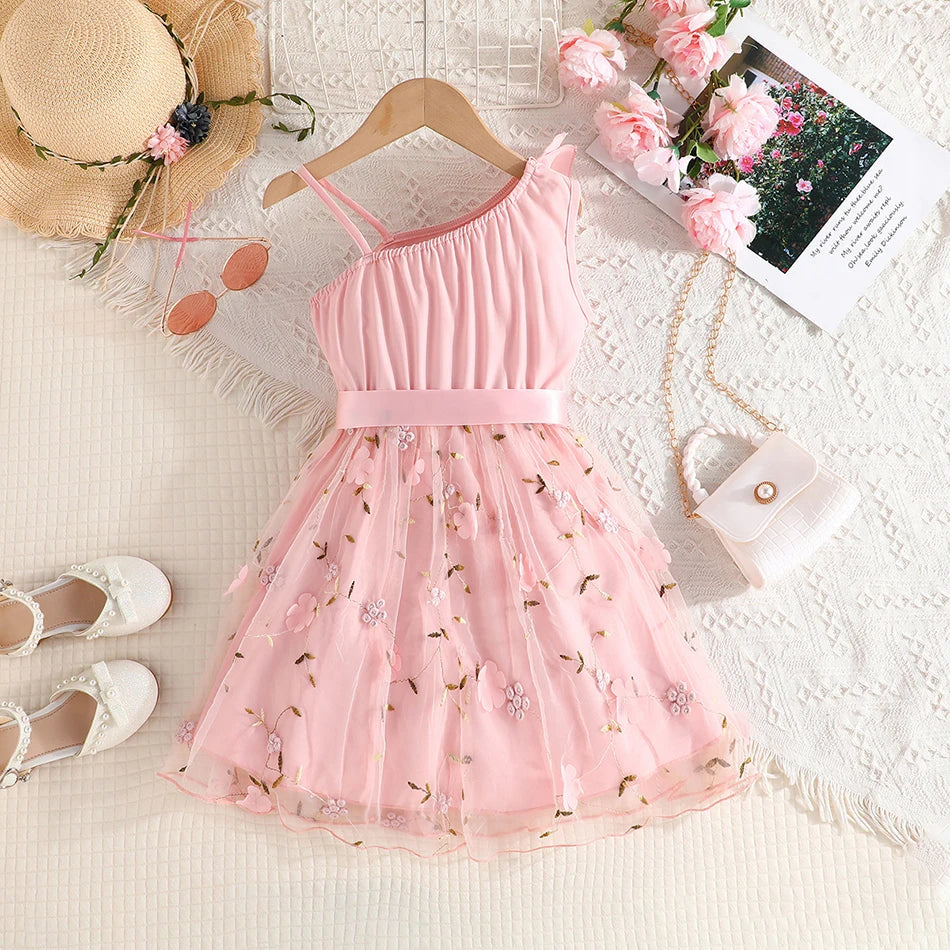 Summer Fashion Girls Party Dresses Baby Kids England Style Lotus Leaf Sloping Shoulder Suspender A-line Skirt Children Clothes