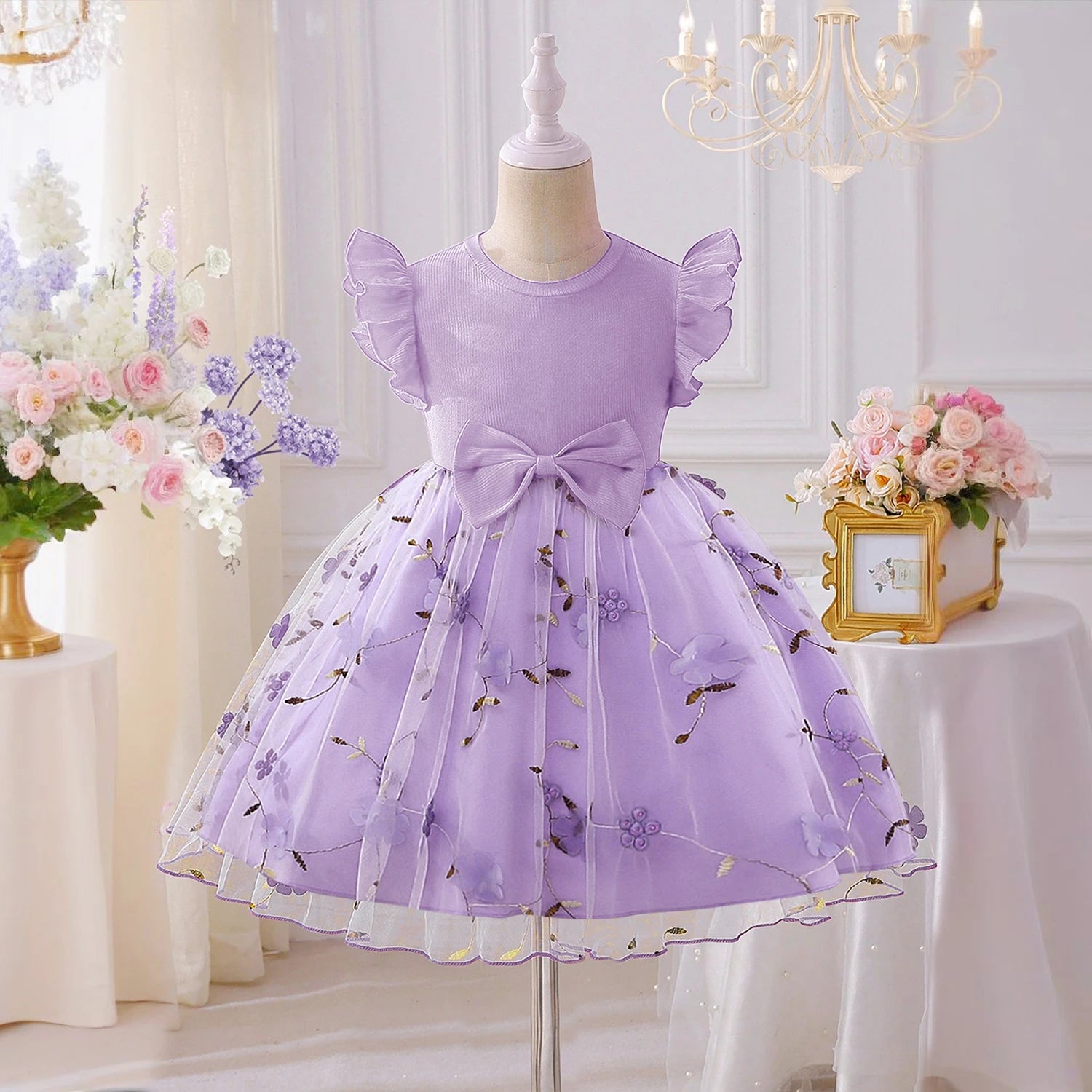 Baby Girls Summer Dresses for 3-8 Yrs Casual Embroidery Lace Mesh Princess Fairy Dress Kids Birthday Party Easter Dress for Girl