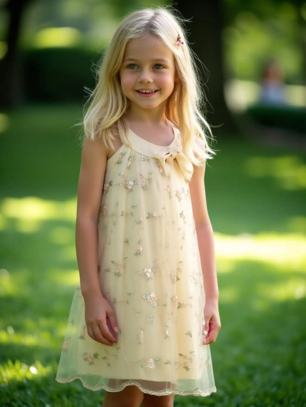 A summer fashionable girl dress with small floral embroidery, net gauze and bow decoration, and a cute princess dress