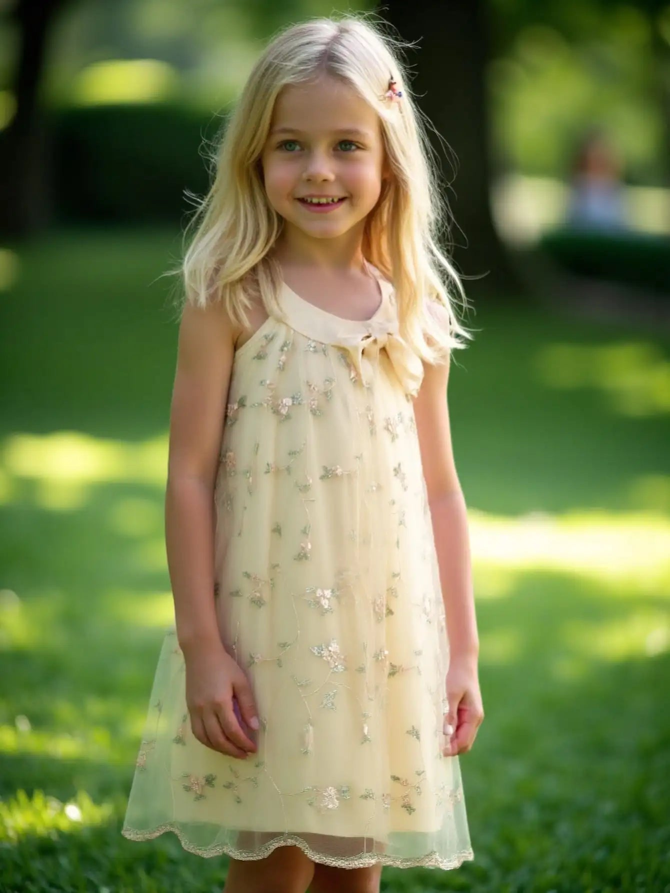 A summer fashionable girl dress with small floral embroidery, net gauze and bow decoration, and a cute princess dress