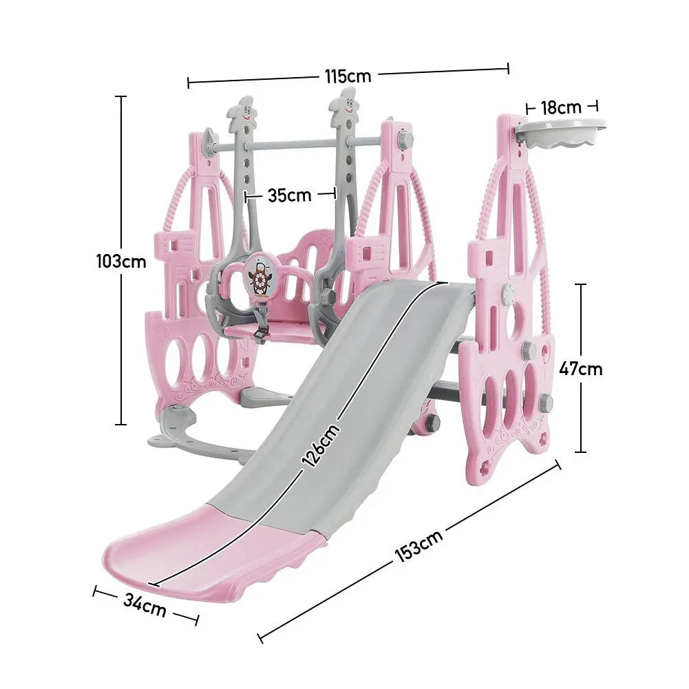 3 in 1 Kids Garden Climber Slide & Swing Set Basketball Hoop Children Playground, Pink