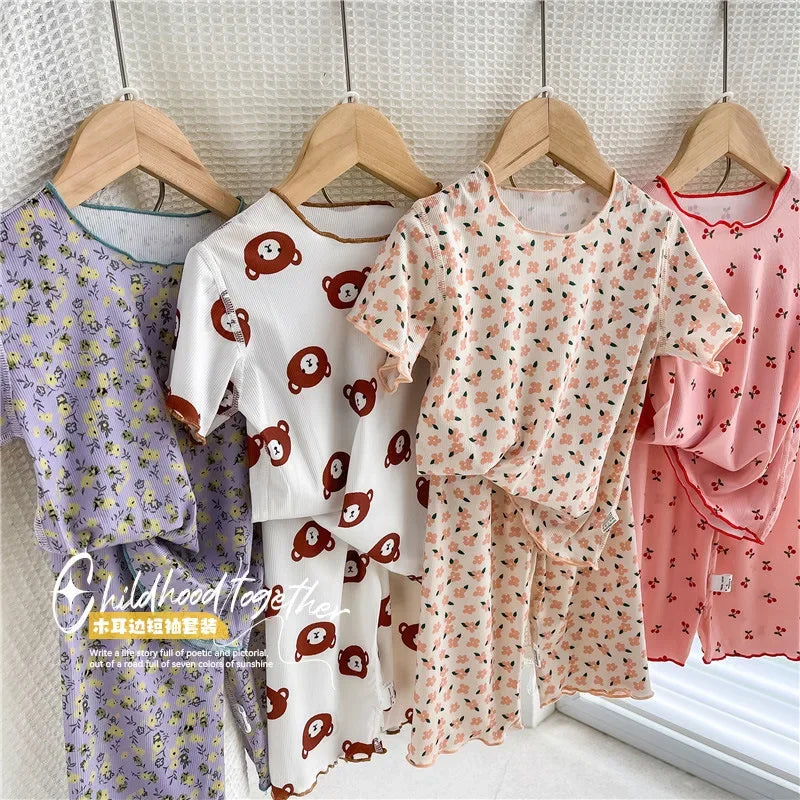 Summer Cute Girls Loungewear Baby Girl Floral Top Children's Short-sleeved Tops Pants Pajamas Two-piece Set Clothes