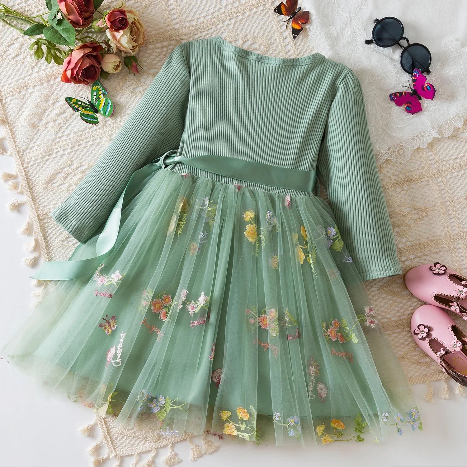 Fairy Flower Princess Dress for Girls Birthday Party Gown Long Sleeve Autumn Kids Clothes Knit Winter Dress Wedding Baby Dress