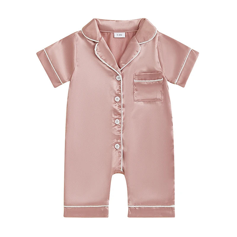 Baby Girls Boys Satin Pajamas Rompers Solid Color Turn Down Collar Short Sleeve Summer Bodysuits Jumpsuits Sleepwear