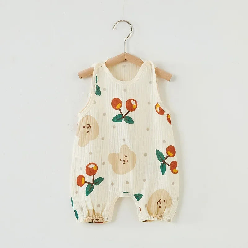 2024 Summer Baby Girls Romper Cartoon Bear Newborn Jumpsuits Infant Sleeveless Muslin Clothing for Boys Printed Outfits