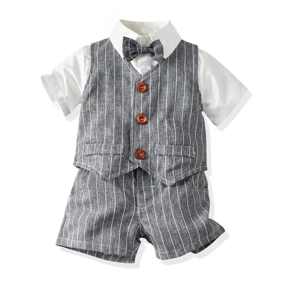 Summer New Children's Clothing European and American Striped Gentleman and Gentleman Short-sleeved Bow Slim Suit, Wholesale Deli