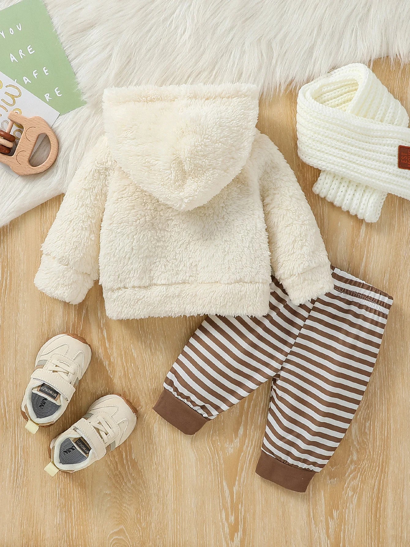 Baby Boys 2Pcs Newborn-6M Winter Long Sleeve Cartoon Bear  Hooded Coat & Striped Trousers Pantsuit Daily Clothing
