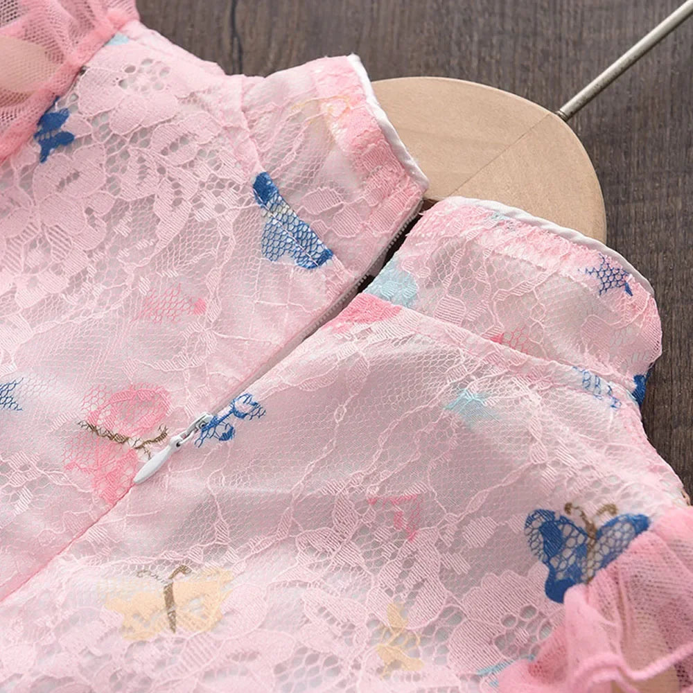 Girls Party Fashion Sleeveless Cute Butterfly Print Lace Princess Dress 1 Pc 2-7 Years Kids Summer Daily Casual Clothes