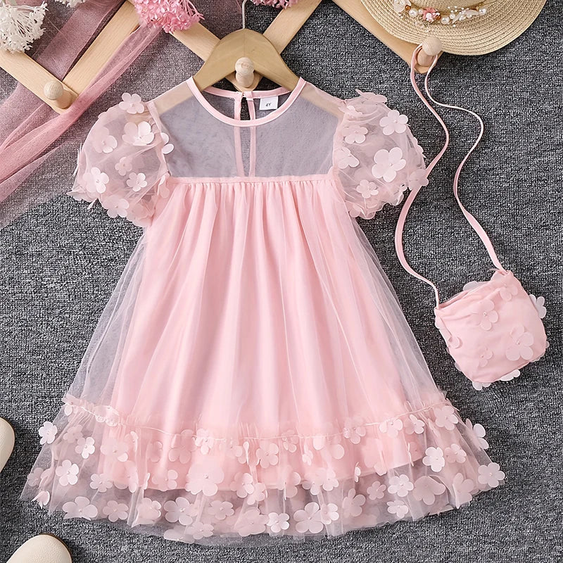 Girls Summer Mesh Splicing Three-dimensional Flower Fashion Princess Dress with Crossbody Bag Dress