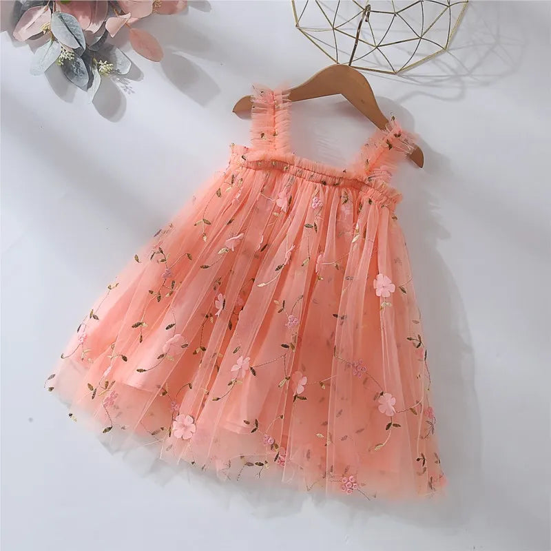 Baby Girl Princess 3D Flower Embroidery Strap Dress Sleeveless Infant Toddler Child Vestido Party Birthday Baby Clothes 1-7Y