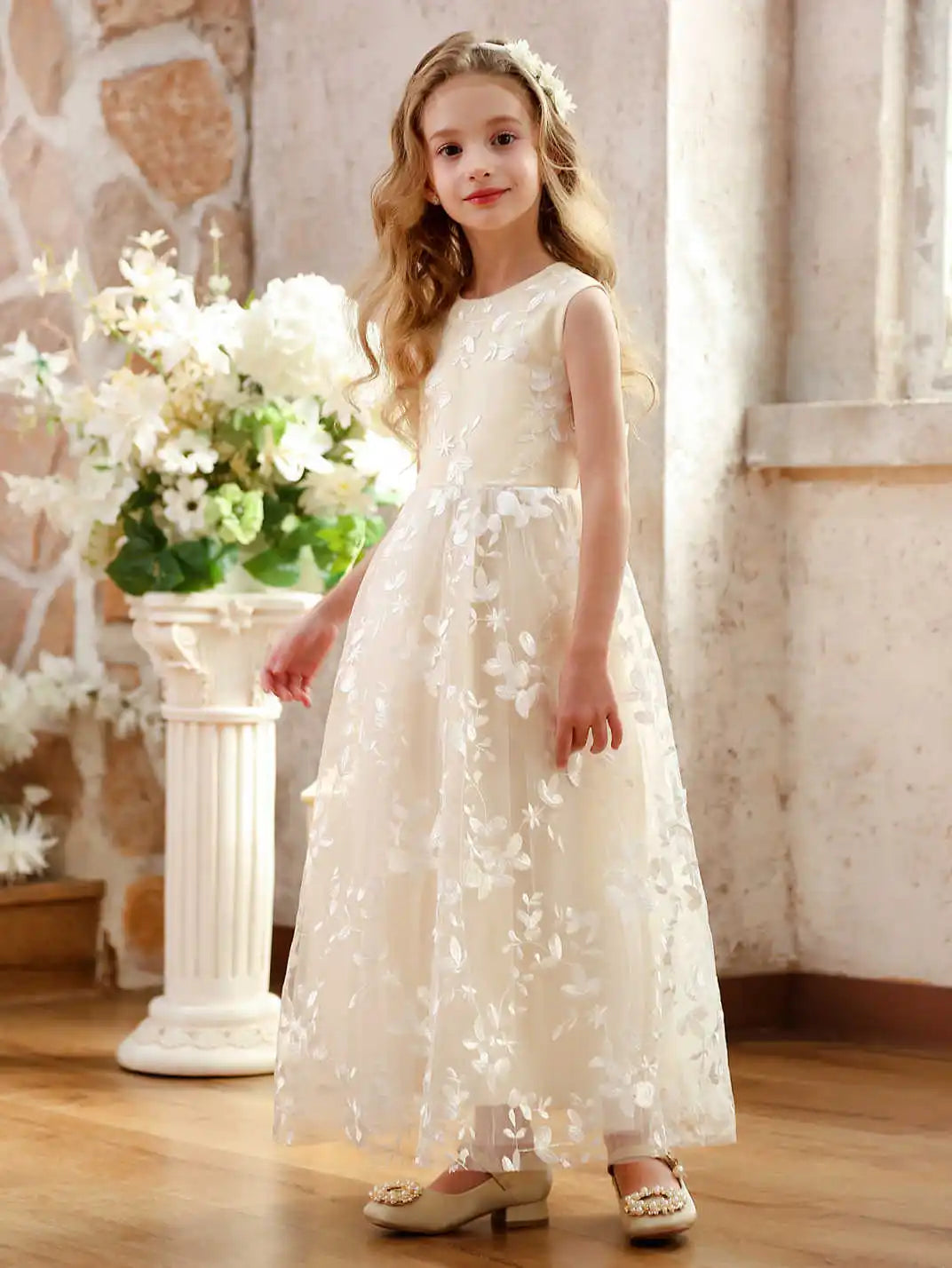 Girls Flower Girl Embroidery Flower Straight Dress Lace Daily Casual Elegant Princess Sleeveless Dresses