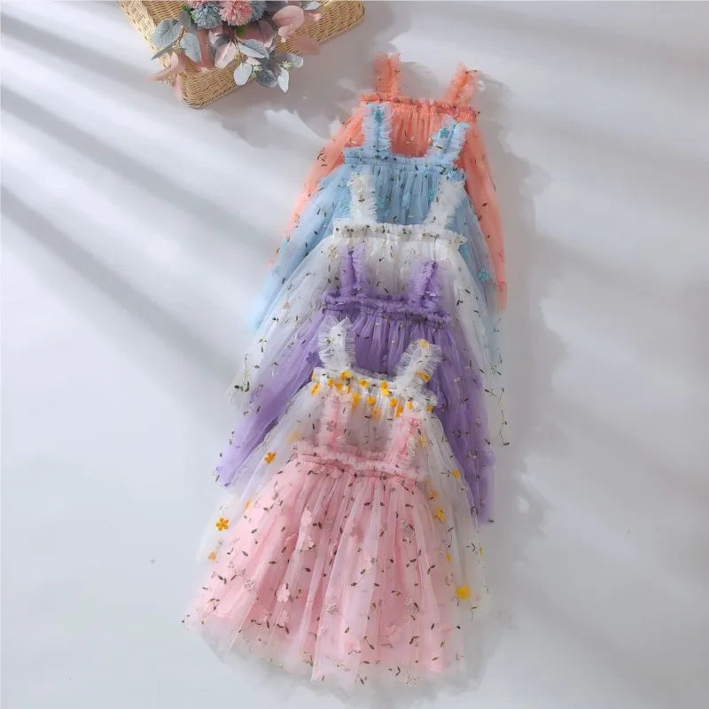 Baby Girl Princess 3D Flower Embroidery Strap Dress Sleeveless Infant Toddler Child Vestido Party Birthday Baby Clothes 1-7Y