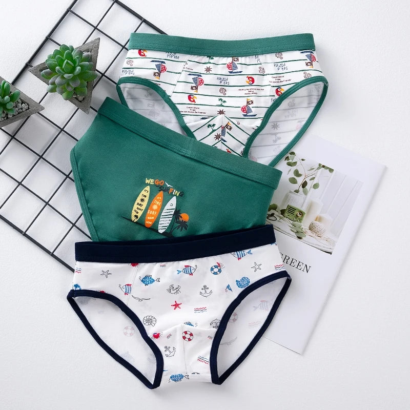 3Pcs High Quality Boys Underwear Cartoon Bears Shorts Soft Cotton Underpants Kids Teenage Striped Panties For Children 4-15Y