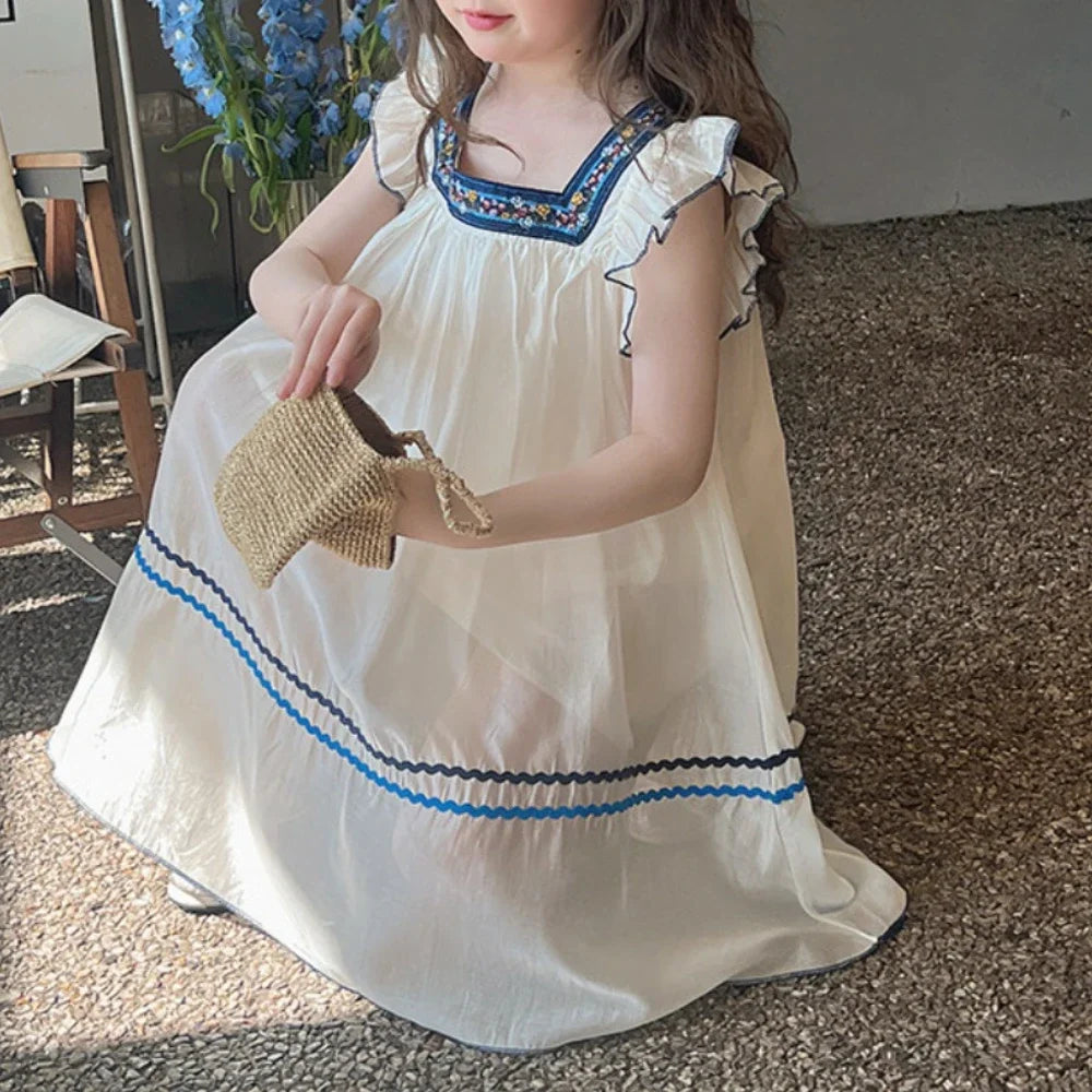Casual Vacation Fashion Kids Clothes Summer New Ethnic Style Square Collar Flying Sleeve Baby Girls Dress