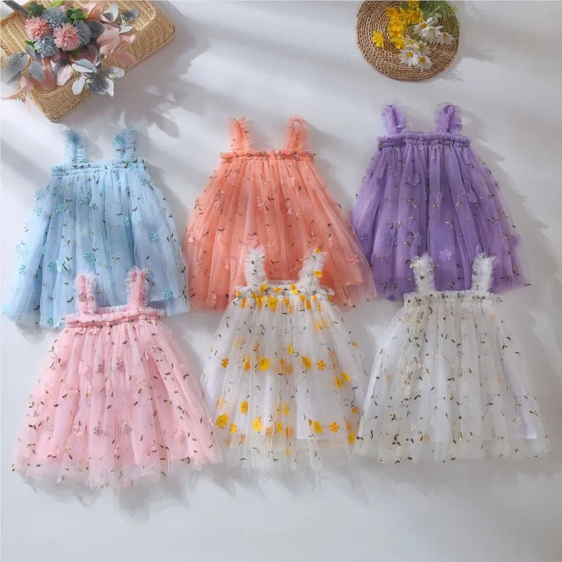 Baby Girl Princess 3D Flower Embroidery Strap Dress Sleeveless Infant Toddler Child Vestido Party Birthday Baby Clothes 1-7Y