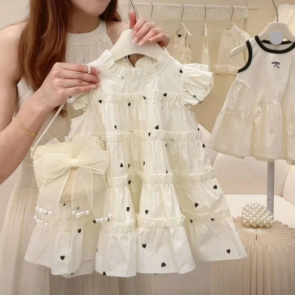 Summer Girls Sweet Cute Heart Print Sleeveless Layered Princess Dress 1 Pc 2-7 Years Kids Fashion Simple Casual Clothes
