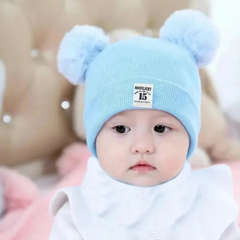 Winter Children Warm Baby Knitted Hats with Pom Pom Kids Knit Beanie Hats Solid Color Children's Hat for Boys Girls Accessories